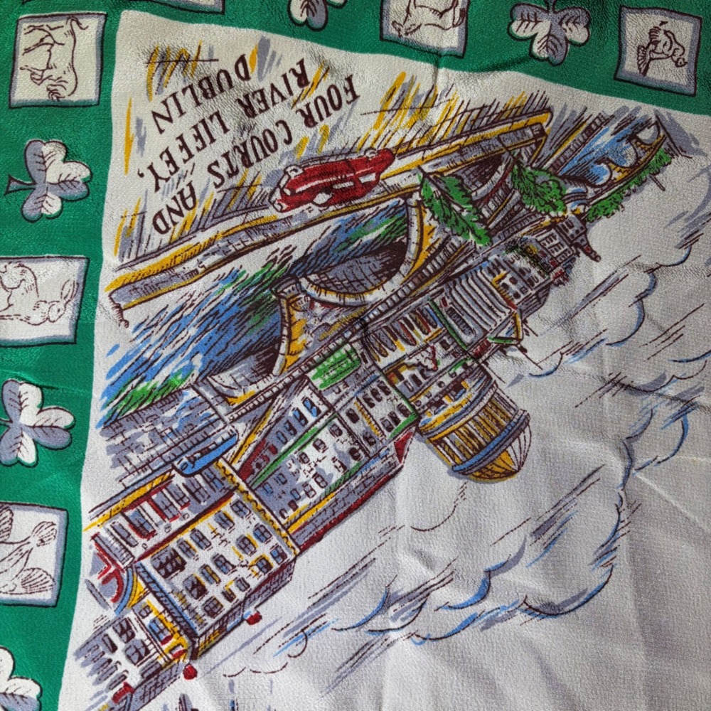 Vintage Dublin‎ Ireland Souvenir Scarf Green White headscarf Landmarks STAINED - Picture 5 of 8